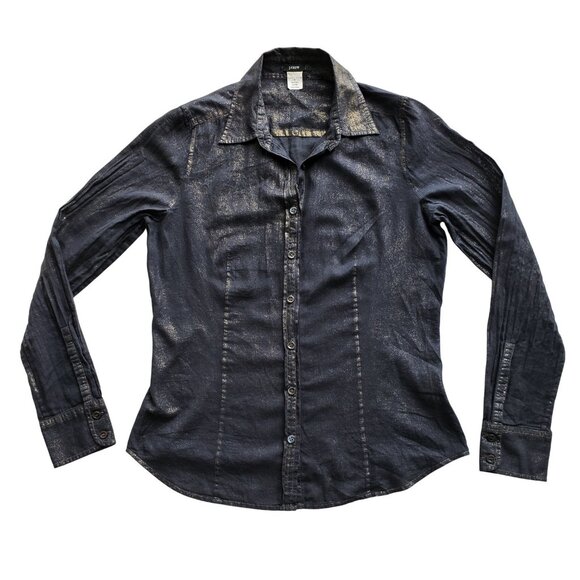 J. Crew Gold Dust Metallic Accents Black Semi Sheer Slim Fit Button Down Shirt 4 - Picture 5 of 15